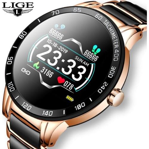 LIGE 2020 New Smart Watch Mens Heart Rate Blood Pressure Fitness Tracker Ceramic Strap Sports Watch Waterproof Smartwatch