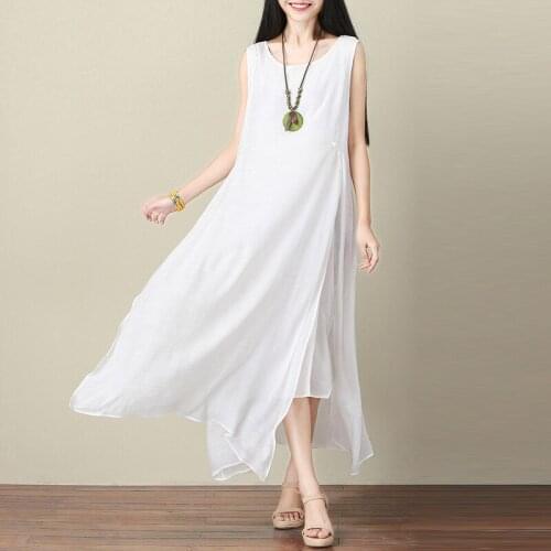 Loose dress women 2018 summer new cotton linen plus size sleeveless vest white long dress female O-neck Two floors dress QH1354