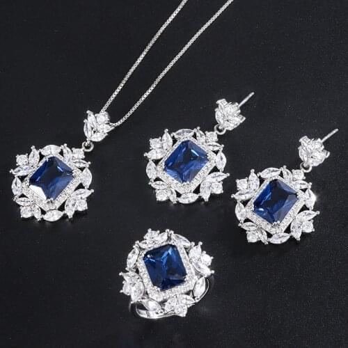 Tanzanite Sapphire Jewelry Sets 925 Silver Necklace Earring Adjustable Ring For Women Wedding Evening Dress Girl 2021 Trend Gift