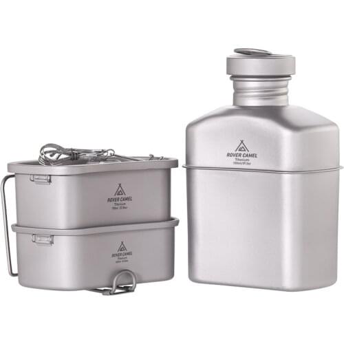 Outdoor Camping Titanium Military Canteen Cups Set Water Bottle Bowl Kettle Cooking Set Mess Kit Outdoor Cookware