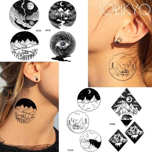 Women Geometric Eye Totem Temporary Tattoo Black Valley Men Arm Eye Sky Tattoo Stickers Round Village Makeup Fake Tattoo Animals