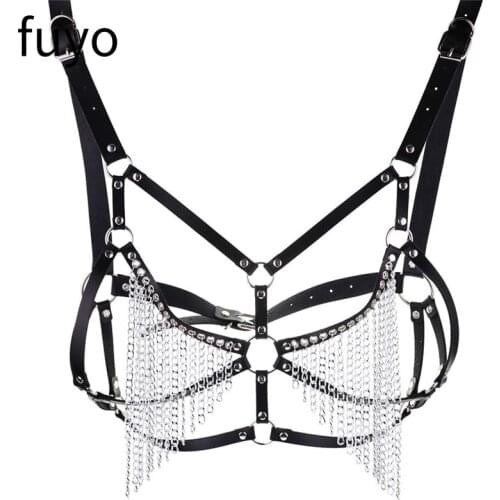 2021 Pu Leather Chain Harness Body Chest Goth Punk Sexy Chain Necklace Women Festival Fashion Necklaces Chains Cage Bondage
