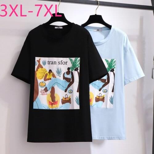 New summer plus size tops for women loose casual short sleeve print cotton O neck long T-shirt sky blue black 4XL 5XL 6XL 7XL