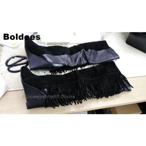 Women Knee High Leather Suede Fringe Boots Black/White/Gray Platform Wedged Tall Boots Fashion Women Motorcycle Tassel Boots
