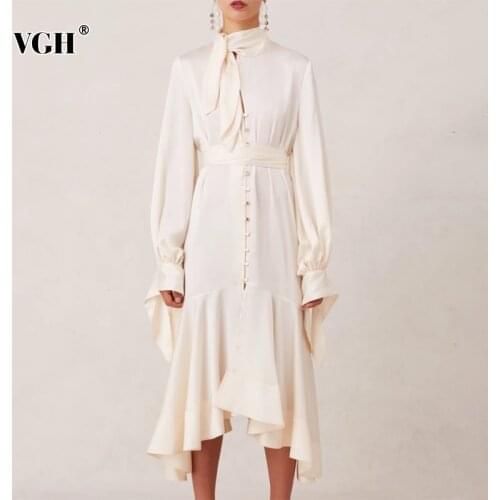 VGH Elegant Asymmetrical Lace Up Dresses Female Stand Collar Flare Sleeve High Waist Hollow Out Dress Womens 2020 Spring Clothes