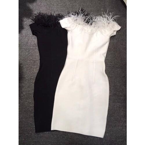 High Quality Two Colours Black White Feather Details Womens Sexy Mini Dress HL Bandage Dress Evening Party Dress Wholesale