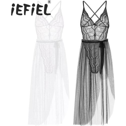 Women Female Mesh See Through Lingerie Set Leotard Bodysuit with Wrap Maxi Skirt Cover-ups for Nightwear Clubwear Exotic Dresses