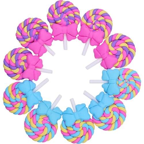 10x Rainbow Lollipop W/ Bow Polymer Clay Cabochon For Scrapbooking DIY Miniature Clay Lollipop Lolly Embellishment
