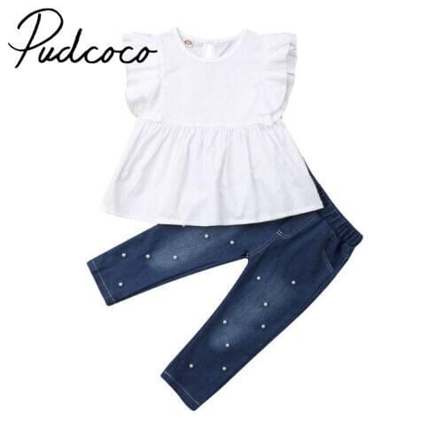 2pcs Toddler Kids Baby Girl Clothes Ruffles Vest Tops + White Pearl Denim Pants Outfits