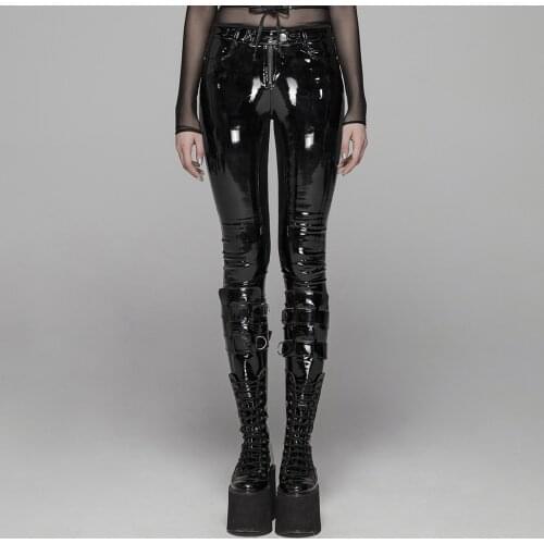 PUNKRAVE Womens Punk Patent Leather Pants Simple Style Fashion Party Stage Performance Club Skinny PU Leather Trousers