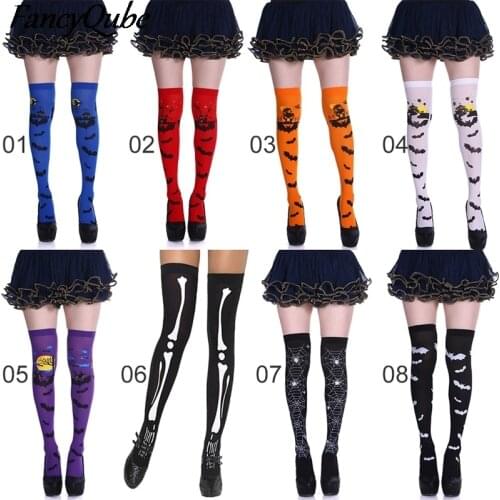 Halloween Carnival Scary Castle Bat Thigh High Stockings Woman Girls Hold Up Stocking Over Knee Socks Fancy Dress Orange