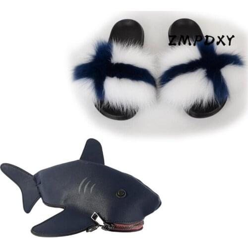 Ladies Cartoon Animals Phone Purse Womens Real Fox Fur Slippers Crossbody Shoulder Bag Shoes Sets Furry Slides Girls Fur Sandals