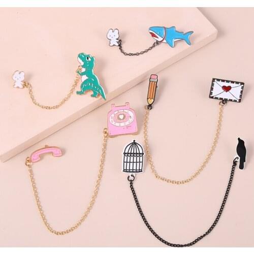 Dinosaur Shark Bird Tassel Chain Enamel Pin Animal Love Letter Vintage Phone Collar Decor Lapel Pin Brooches Women Jewelry Gifts