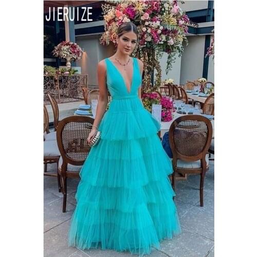 JIERUIZE New Blue Tulle Prom Dresses V Neck Tiered Formal Dresses Backless Party Evening Gowns Long A Line Robe De Soiree