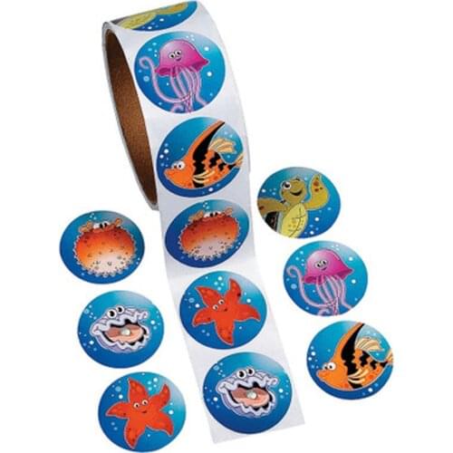 100pcs/roll Creative Adhesive Tape Cartoon Ocean Fishes Stickers For Kids Back-to-school Season Gift Stationery Sticker Toys