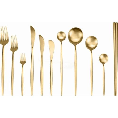 Stainless Steel Main Course Dessert Spoon Fork Cutlery Set Gold Kitchen Set Dinnerware Matte Silverware Golden Western Tableware
