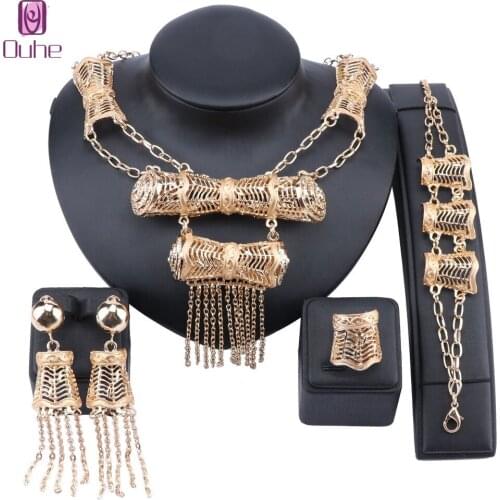 African Jewelry Sets Tassel Necklace Earring Dubai Gold Jewelry Set For Women Wedding Party Bridal Bracelet Ring Jewelry