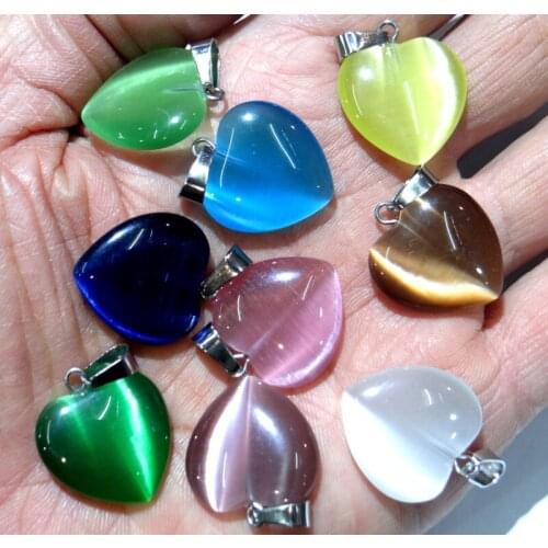 Natural stone heart Quartz Crystal aventurine tiger eye Opal Cat eyes pendants for diy jewelry making necklace Accessories12pcs