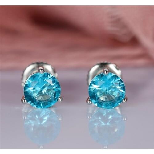 Charming Aquamarine Cute Female 6/7/8mm Round Earrings Luxury 925 Sterling Silver Earrings For Women Small Screw Stud Earrings