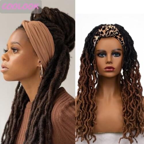 Ombre Brown Nu Locs Headband Wigs for Black Women Synthetic Dreadlocks Wigs with Scarf African American Shoulder Length Locs Wig