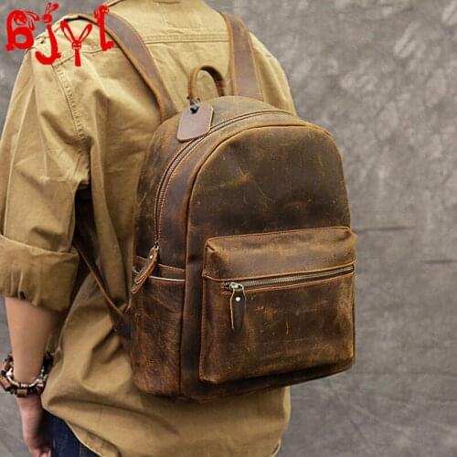 Classic Crazy Horse Leather Original First Layer Cowhide Mens Backpack men computer school bag Leather Retro Travel Backpacks