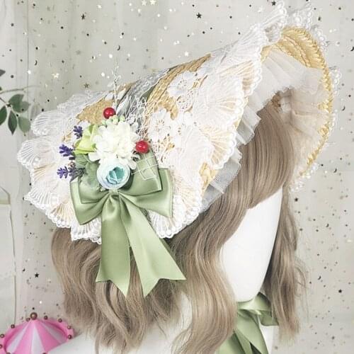 Handmade Lolita Pastoral Bonnet Straw Hat Sweet Ruffled Lace Trimming Ribbon Elegant Tea Party Floral Cosplay Sun