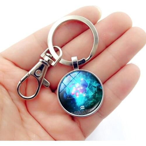 WG 1pc Twelve Constellations Vintage Time Gem&stone Keyring Keychain Pendant Cabochon Glass Ball Keychain Jewelry For Women