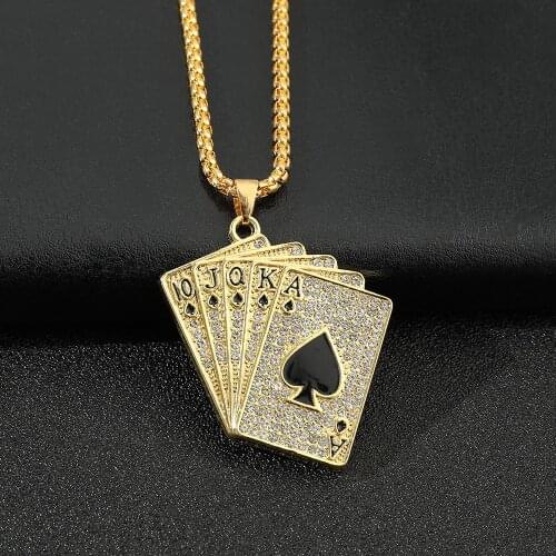 Hip Hop Jewelry Women Men Poker Playing Cards Pendants Necklaces Enamel Fashion Jewelry Gold Color Straight Flush Necklace