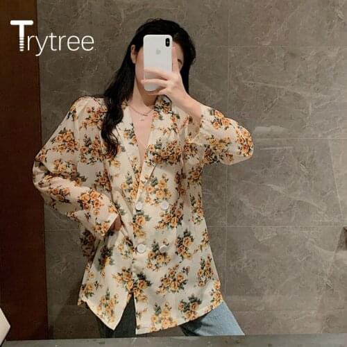 Trytree 2020 Spring Women Casual Blouse Turn-down Collar Print Double Breasted Fashion Vintage Temperament A-line Blouse Top