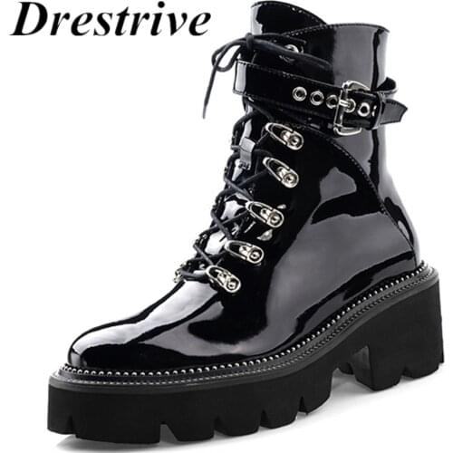 Drestrive Women Ankle Boots Patent Leather Flats Platform Lace Up Buckle Metal Non-Slip Black Zipper Winter Spring Cow Leather