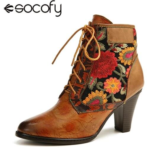 SOCOFY Retro Genuine Boots Women Leather Embossed Embroidery Stitching Lace Up High Heel Boots Shoes Women Elegant Shoes 2020