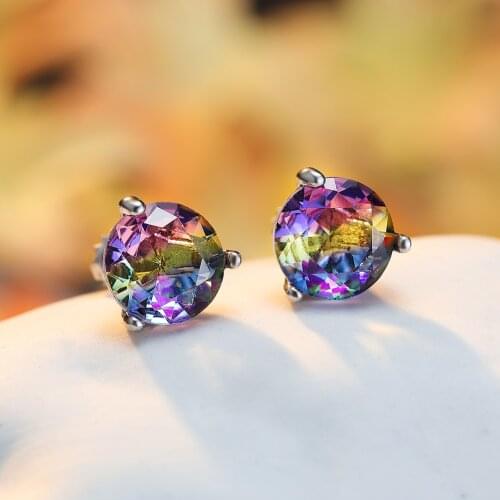 Mystic Rainbow Tourmaline Screwing Stud Earrings for Women 8mm Cute Gradient Crystal Zircon Earring Birthday Gift Jewelry Charms