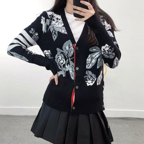 Rose Jacquard Knitted Cardigan Women 2021 Autumn Winter Cardigan Women V Neck Single Breasted Black Sweater Coat Knit Jacket