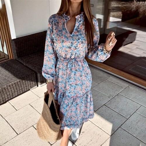Autumn Floral Print Big Hem Maxi Dresses For Women 2021 Fashion V-Neck Lace-up Long Sleeve Ruffles Dress Casual Party Dress
