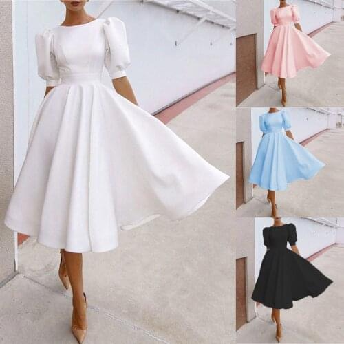 S-2XL Casual Fit and Flare Dress O Neck Party Dresses Oversize Long Beach Loose Robe Puff Sleeve V Neck Midi Dress for Women