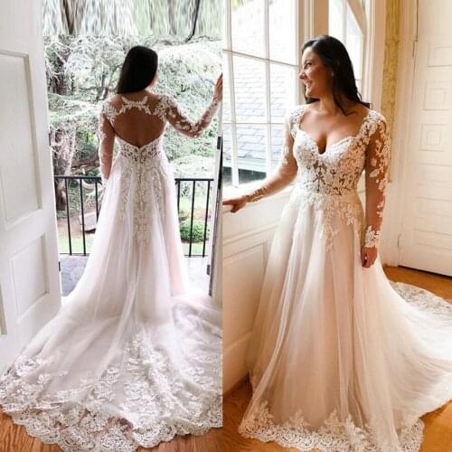 Elegant Applique Lace Tulle Keyhole Back Design Long Sleeve Wedding Dresses 2020 V-neck Court Train Bride Dress robe mariee