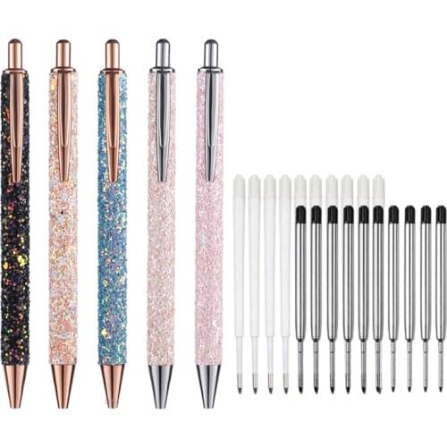 11pcs/set Glitter Sequin Metal Pen 1.0mm Blue Black Refill Rod Retractable Ballpoint Pen for School Office Stationery Gift