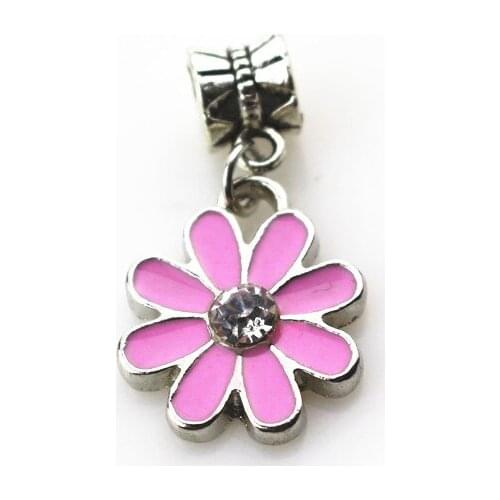 20pcs/lot pink daisy flower charms hanging charm big hole pendant beads charm fit pando bracelet diy jewelry dangle charms