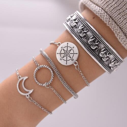 5 Piece Bohemia Boho Women Girl Lady Female Silver Color Charm Elephant Totem Bracelet, Compass Bracelet, Moon Bracelet
