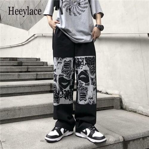 Gothic Anime Print Wide Leg Trousers Women Harajuku Oversize Black Cargo Pants Hippie Streetwear Jogging Sweatpants