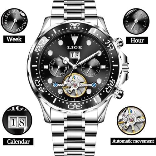 2021 LIGE New Watch For Men Top Brand Luxury Stainless Steel Men Mechanical Wristwatches Luminous Waterproof Sport Watches Male