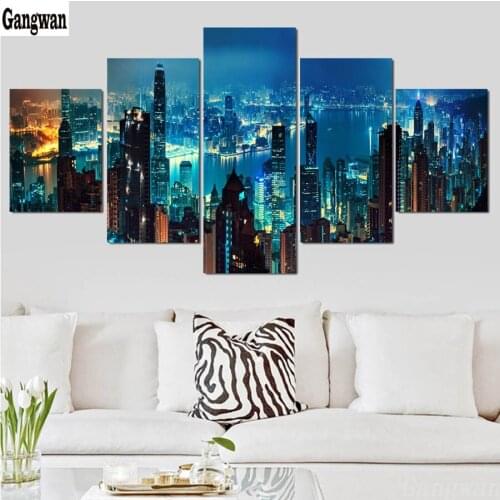 5D DIY Diamond Painting Diamond Embroidery 5 Panel City pattern Beautiful Urban Night View Pictures Rhinestones wall Decoration