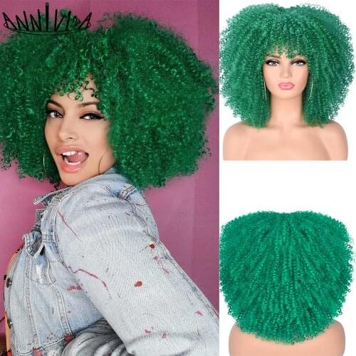 Short Hair Afro Kinky Curly Wigs With Bangs For Black Women Synthetic Glueless Brown Green Red Cosplay Wigs High Temperature 14