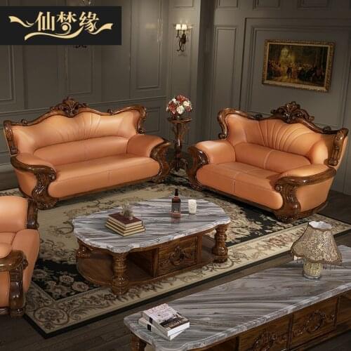 European style leather living room combination large family villa wood sofa luxury house carved furniture