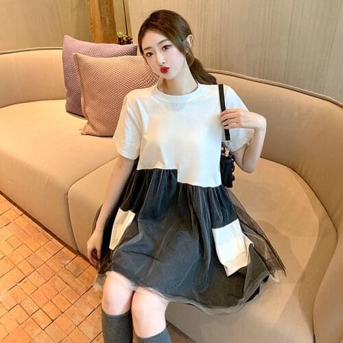 Summer dress plus size loose medium and long white short-sleeved T-shirt dress childrens niche fake two-piece mesh top tide