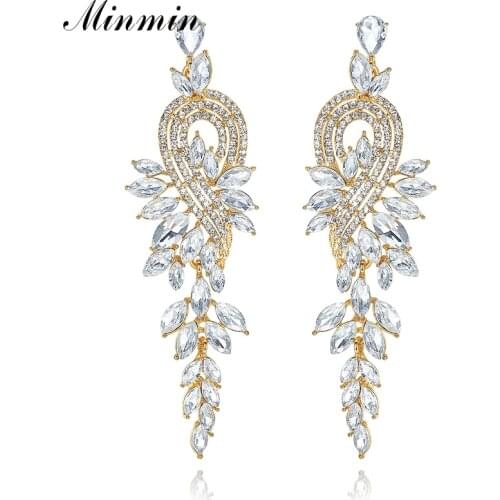 Minmin Luxury Long Dangle Earrings for Women Leaf Shape Gold-color Crystal Bridal Wedding Earrings Jewelry for Party Gift MEH946