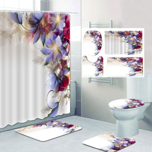 Flowers Shower Curtain Set Carpet Toilet Cover Bath Mat Sets Bathroom Curtain Waterproof With 12 Hooks Home Deco Free Ship