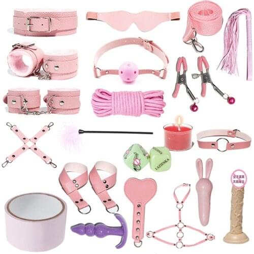 8-20pcs Adult BDSM Kit Sexy Leather Bondage Suit Dildo Handcuffs Whip Gag Nipple Clamp Vibrator Ass Plug Sex Slave Flirting Toy