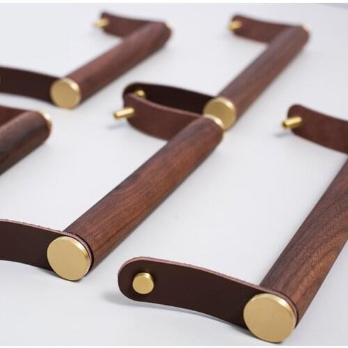 Original Design Walnut +leather Brass Furniture Handles Drawer Knobs T Bar Bedroom Cabinet Door Adjustable Pulls
