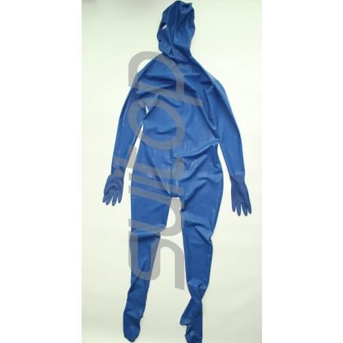 Full cover body latex catsuit rubber zentai with back zip to lower abdomens 3 zippers gloves, socks and hoods attahced in blue